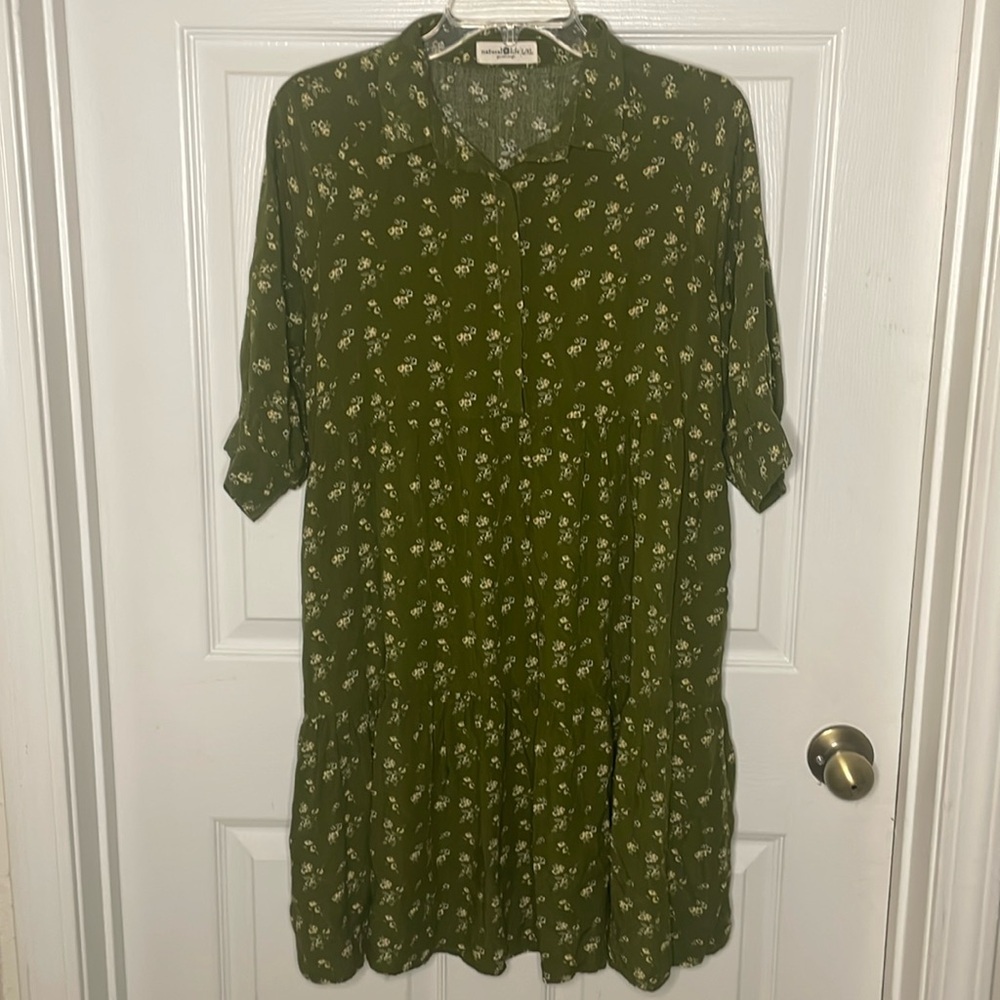 NATURAL LIFE Olive Green Mini Dress with White Floral Print